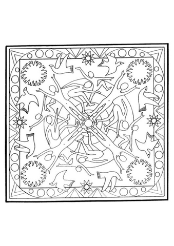 Mandala With Human Figures And Doves Coloring Page